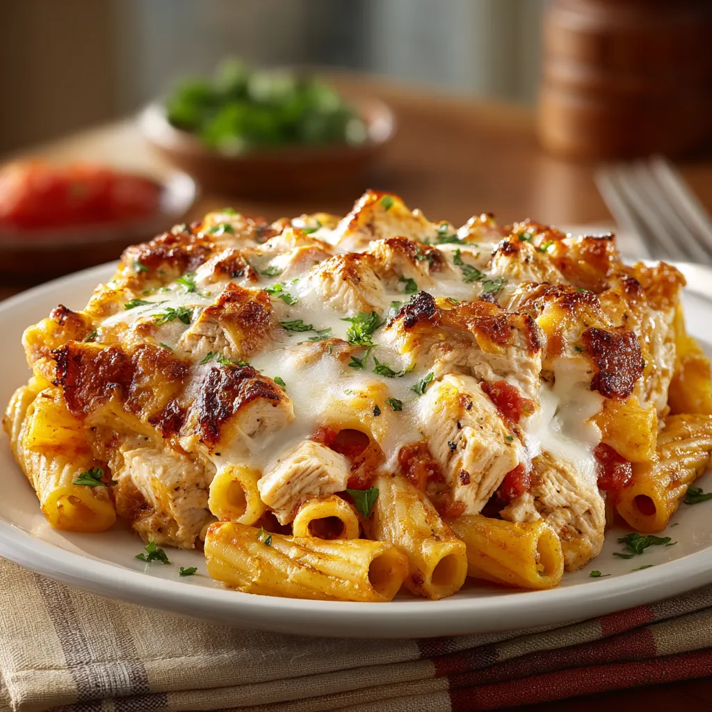 A plate of chicken and cheese pasta bake.