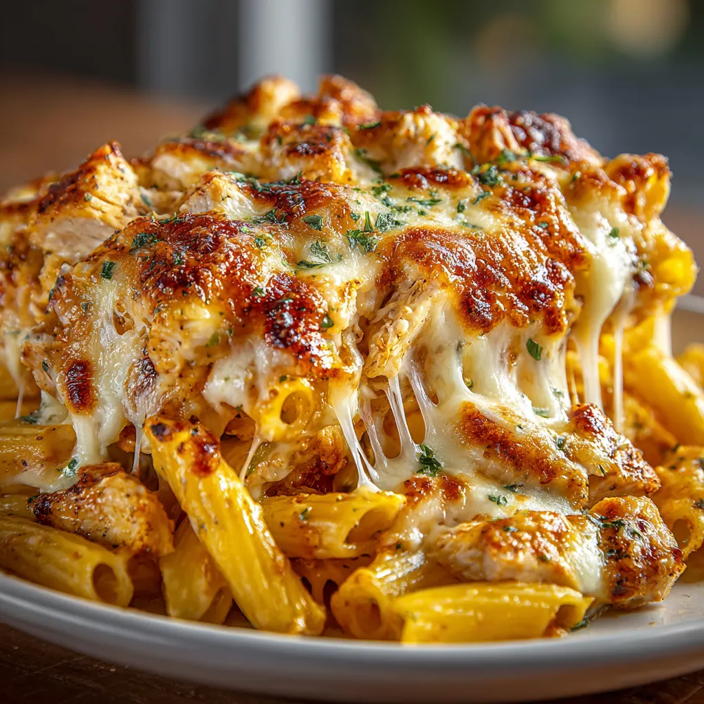 A plate of food with chicken and cheese on top.