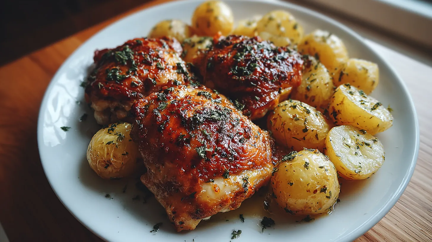 A plate of chicken and potatoes.
