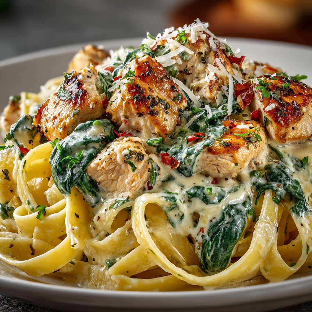 A plate of creamy chicken alfredo pasta.