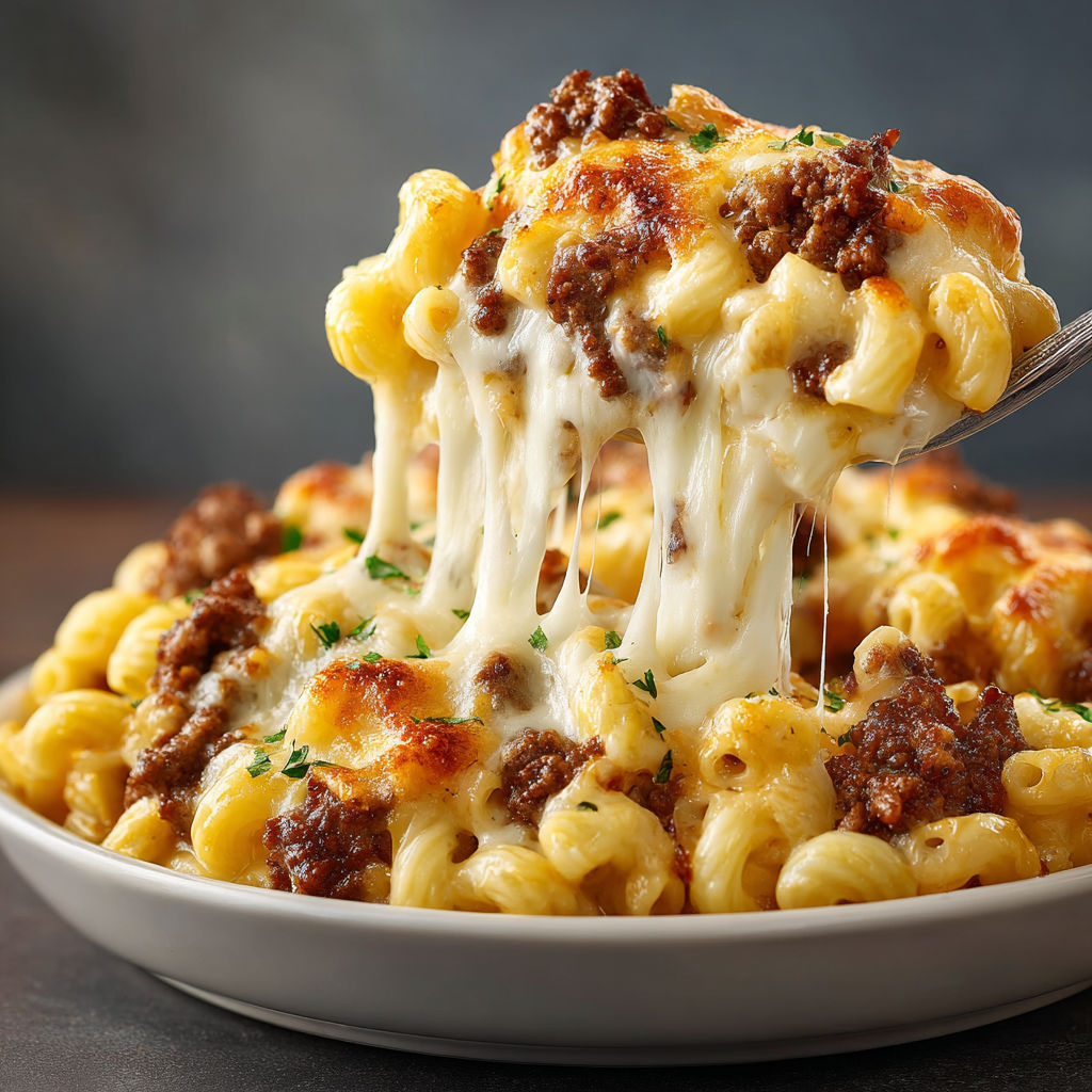A plate of macaroni and cheese with meat.