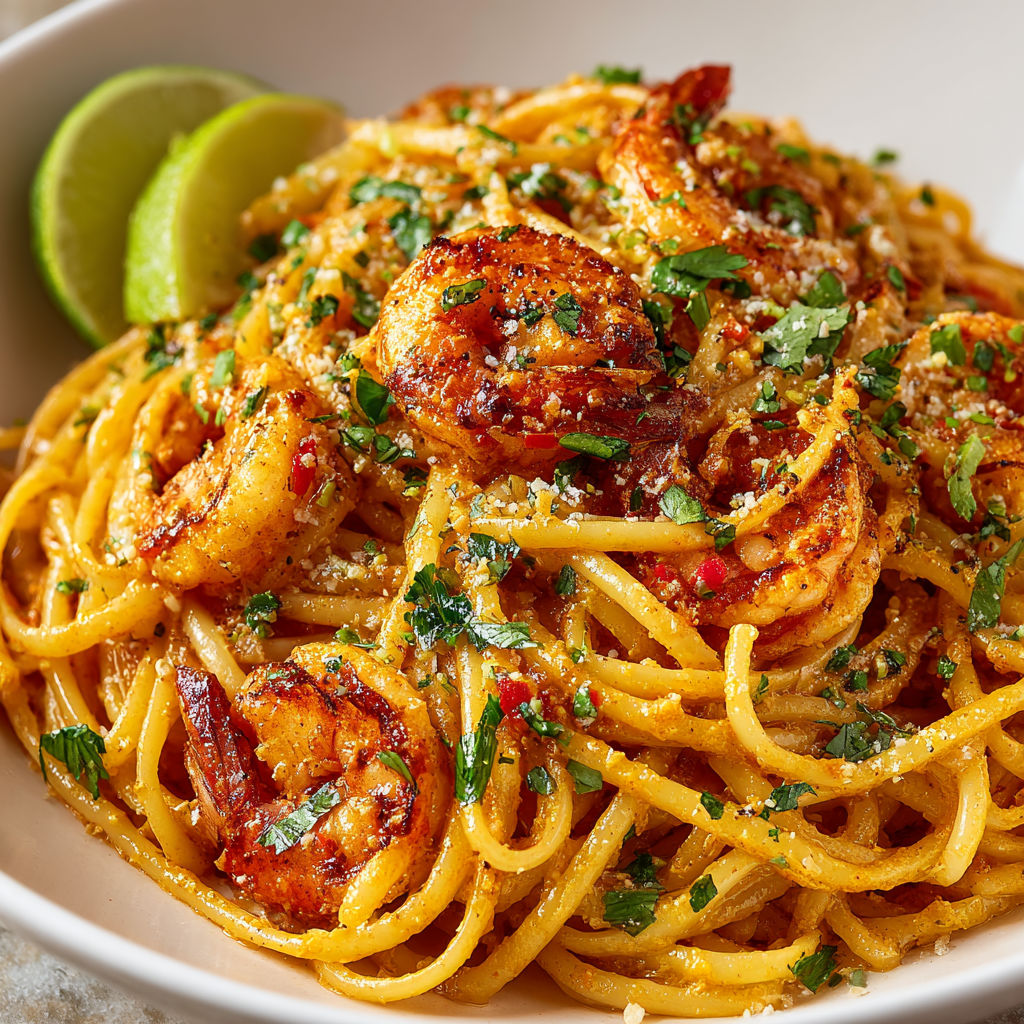 A bowl of creamy coconut shrimp pasta.