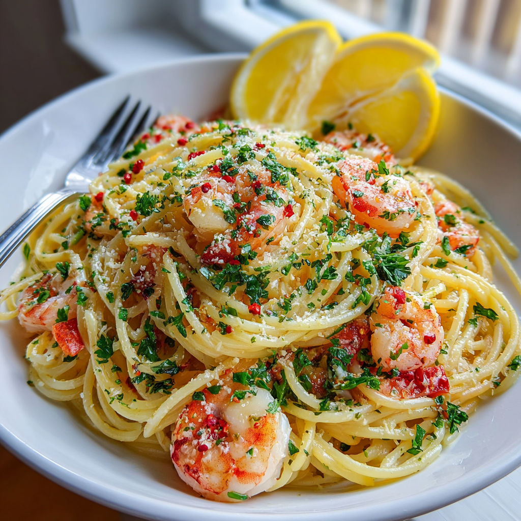 A bowl of garlic shrimp spaghetti.