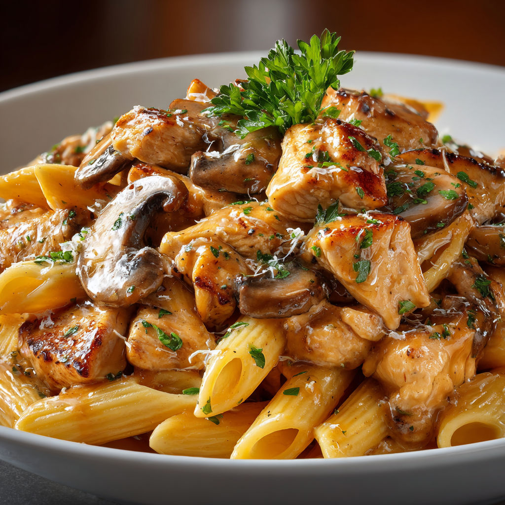 A plate of chicken and mushrooms over pasta.