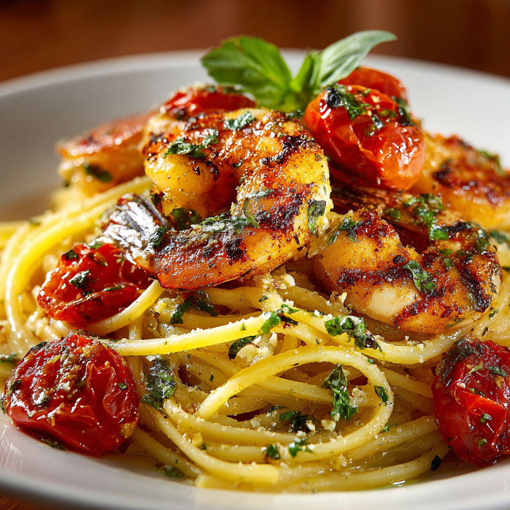 A plate of pasta with shrimp and cherry tomatoes.