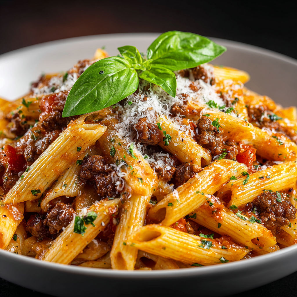 A plate of pasta with tomato sauce and ground beef.