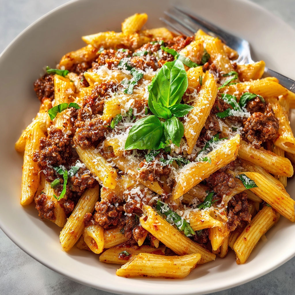 A plate of pasta with meat and cheese.