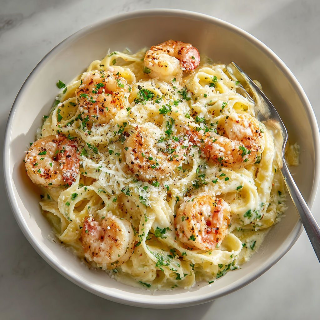 A bowl of pasta with shrimp and garlic butter.