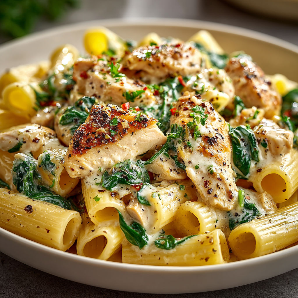 A bowl of pasta with chicken and spinach.
