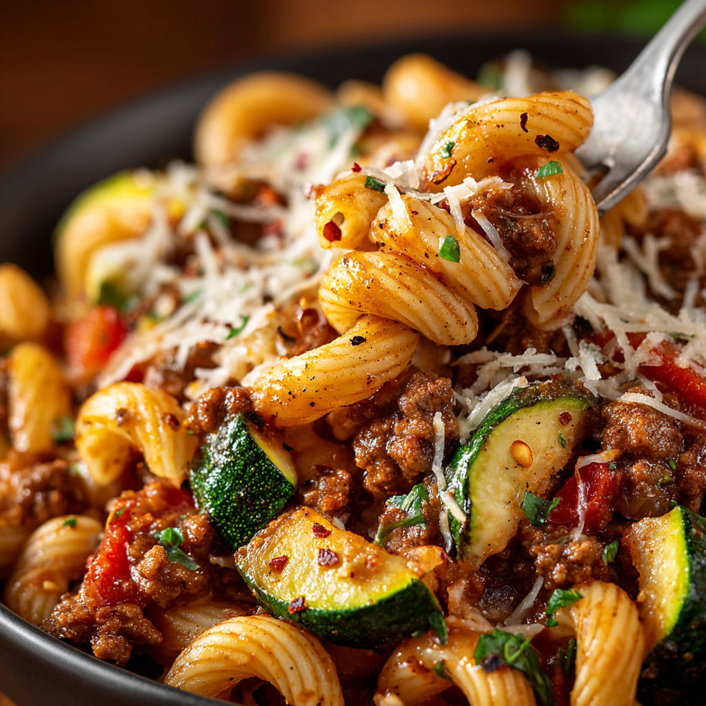 A bowl of pasta with meat and vegetables.