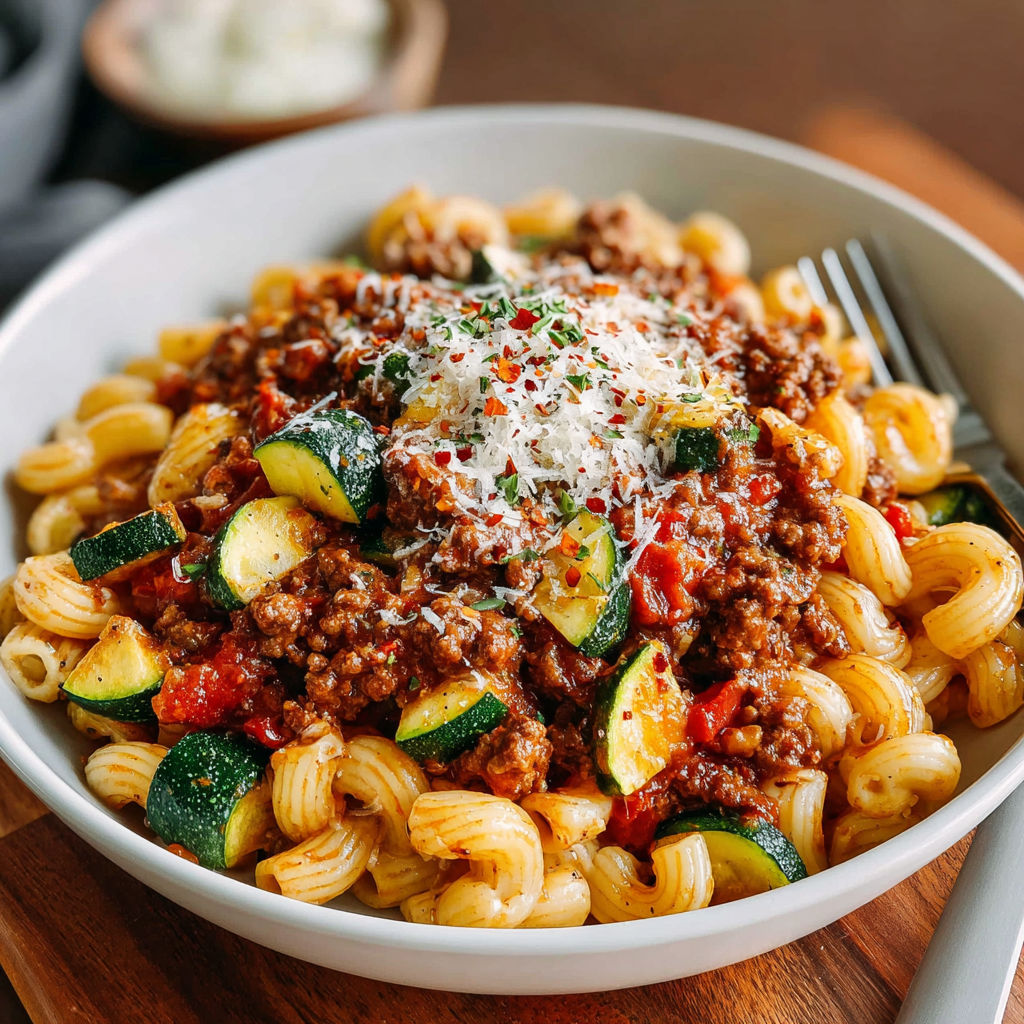 A bowl of pasta with meat and vegetables.