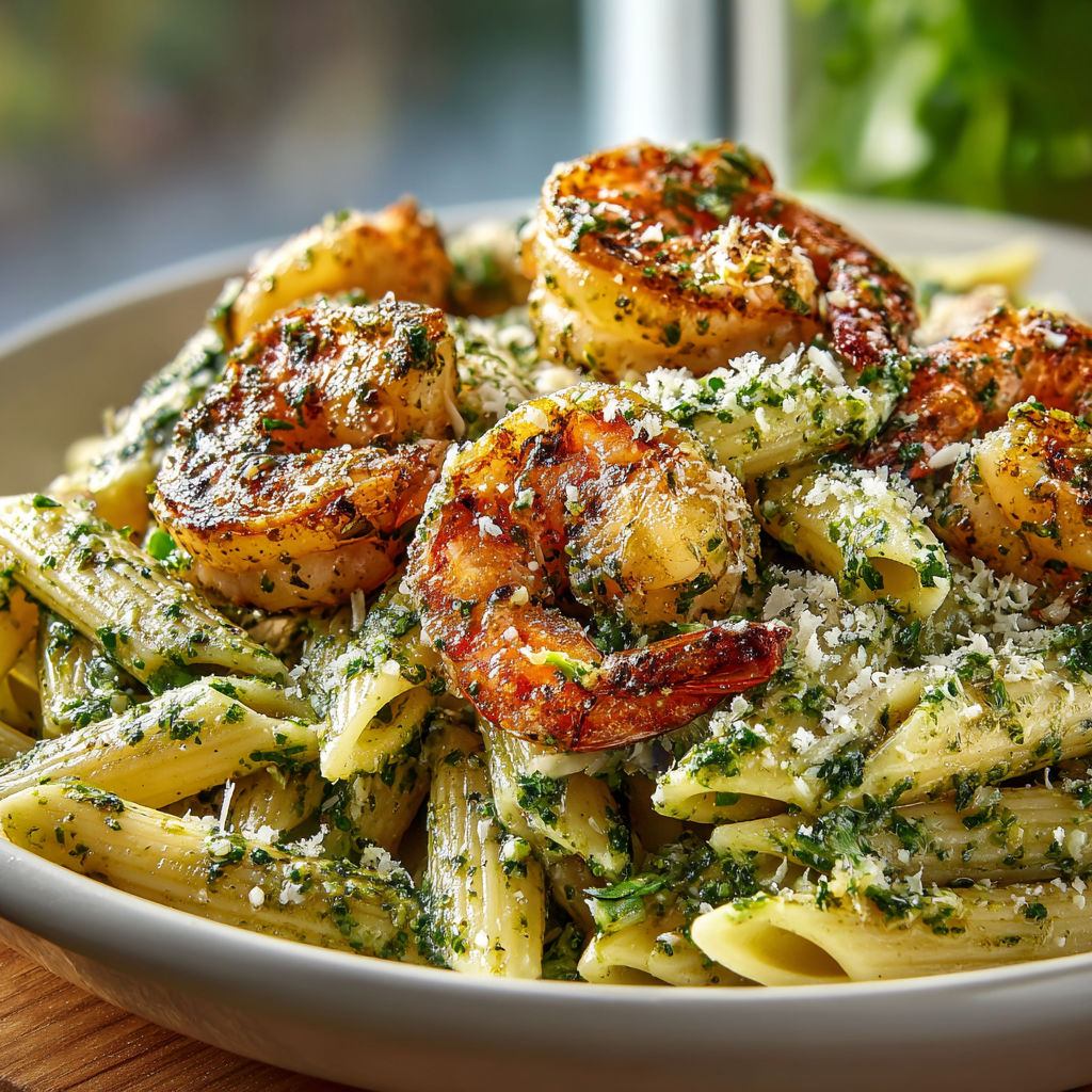 A bowl of shrimp and pasta with arugula pesto.