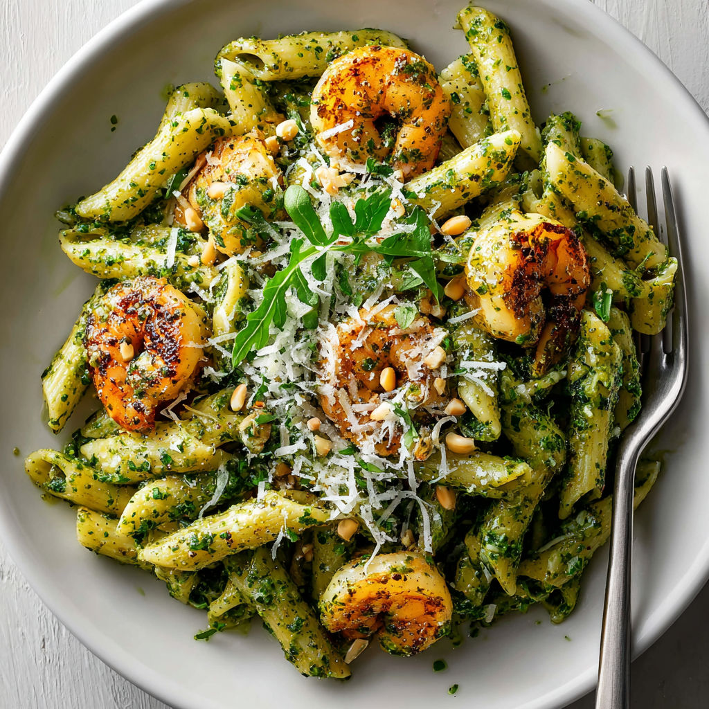 A bowl of pasta with shrimp and pesto.