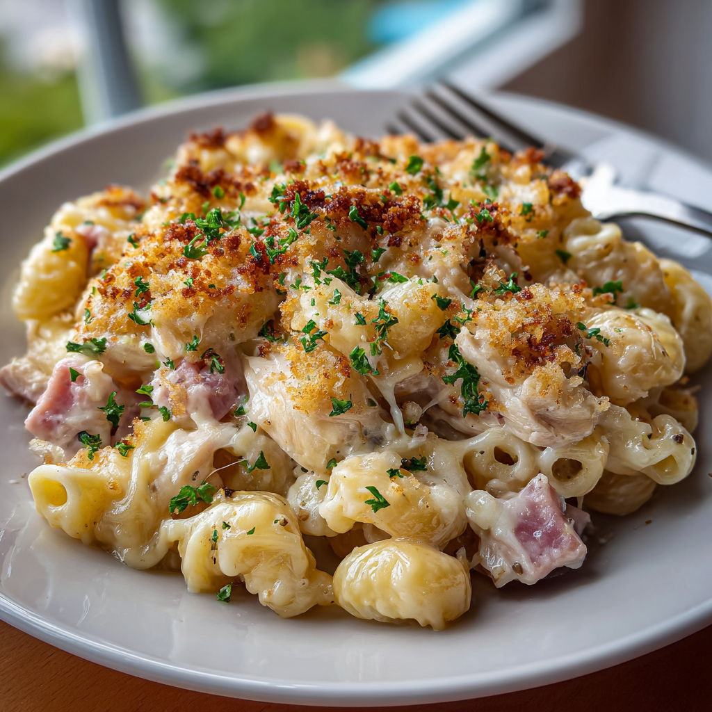 A plate of pasta with cheese and ham.