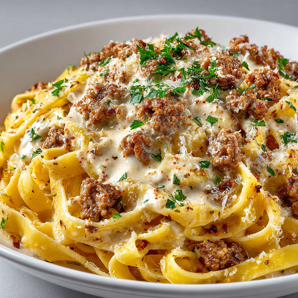 A bowl of pasta with meat and cheese.