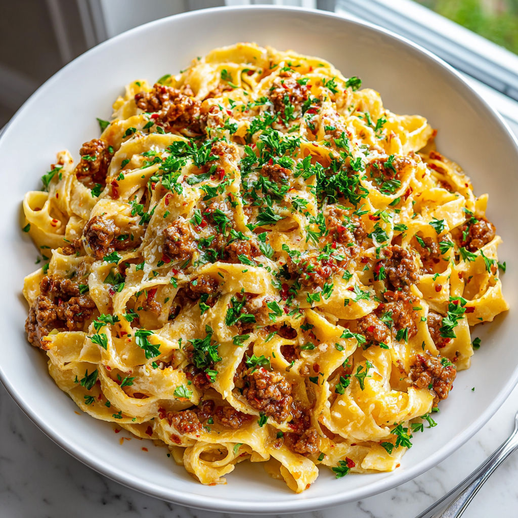 A bowl of pasta with meat and cheese.