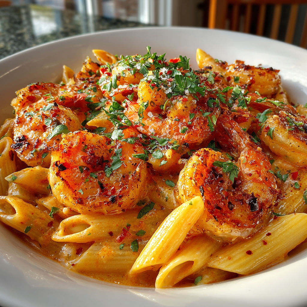 A plate of shrimp and pasta.