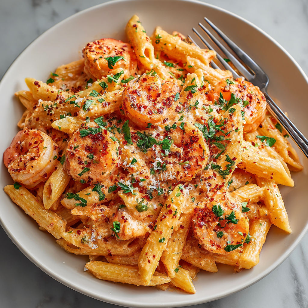A plate of pasta with shrimp and sauce.