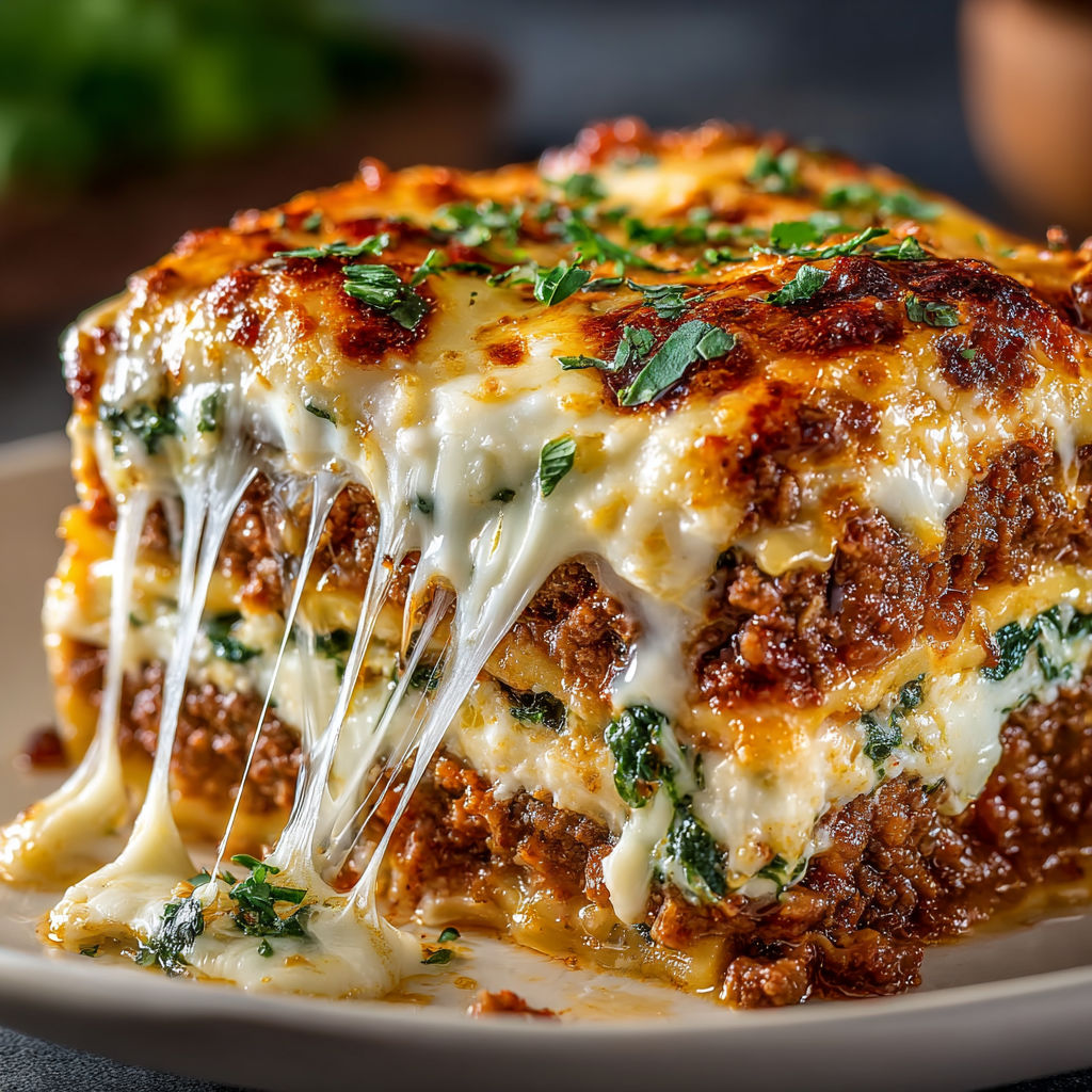 A close up of a baked spinach and beef pasta dish.
