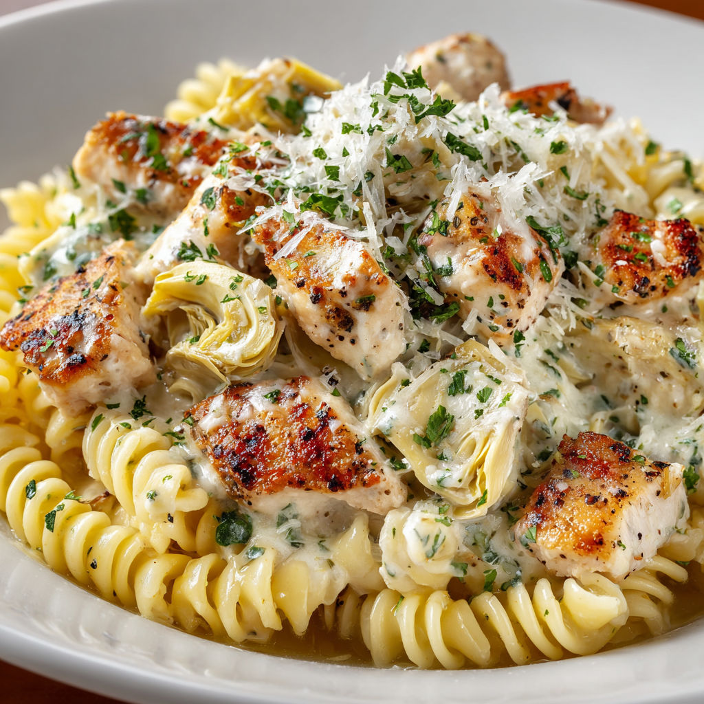 A plate of creamy chicken and artichoke pasta.