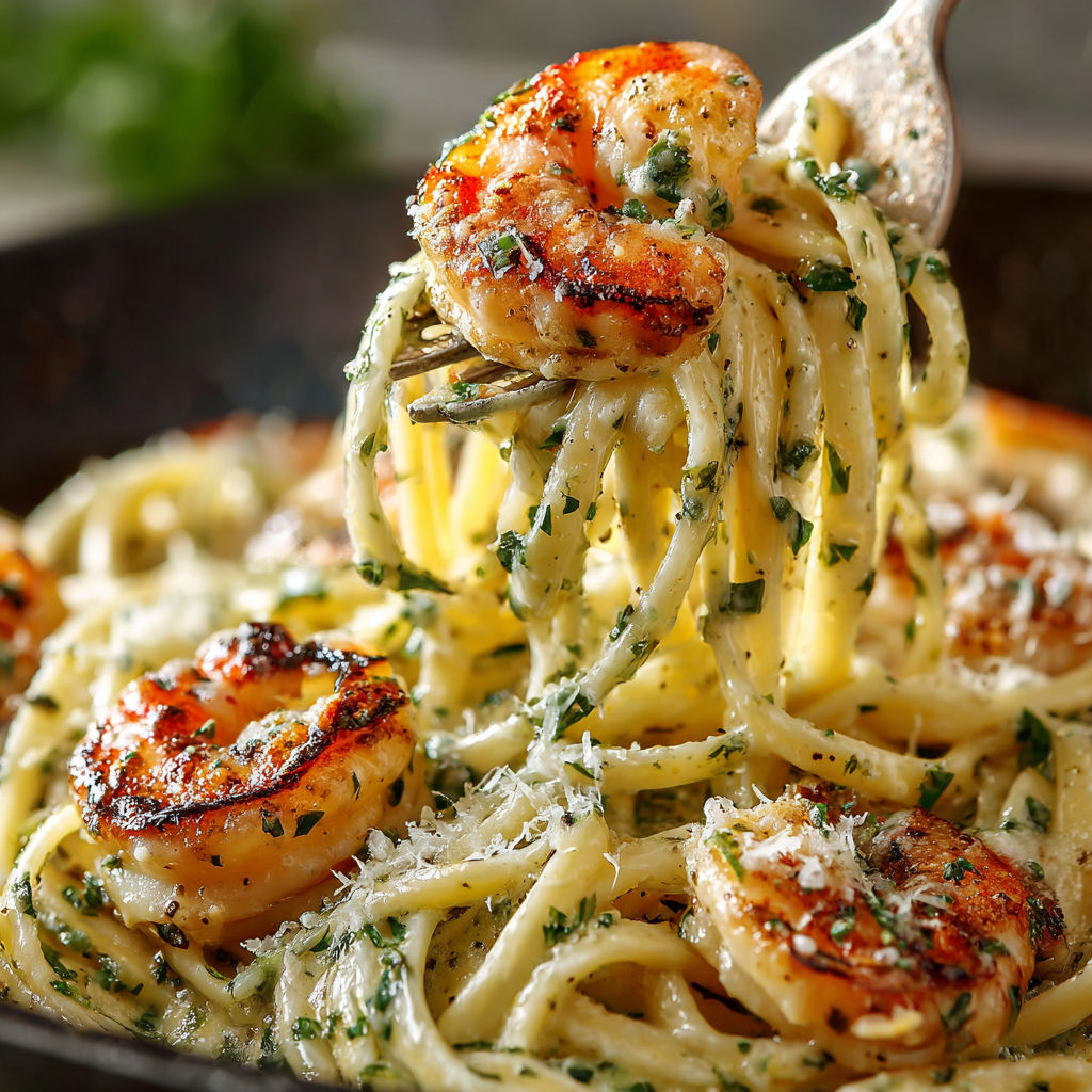 A bowl of creamy herb shrimp linguine.