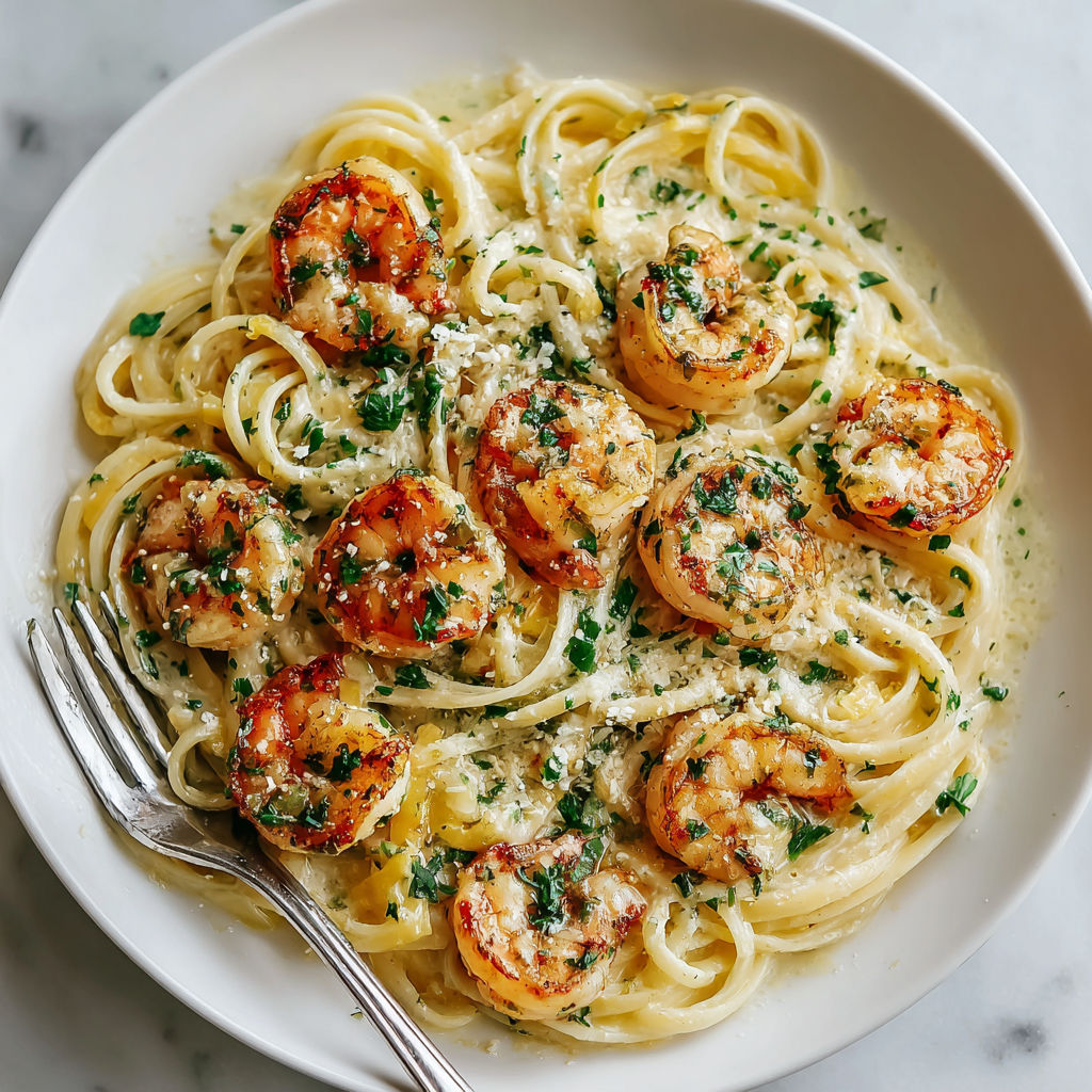 A plate of pasta with shrimp and cheese.