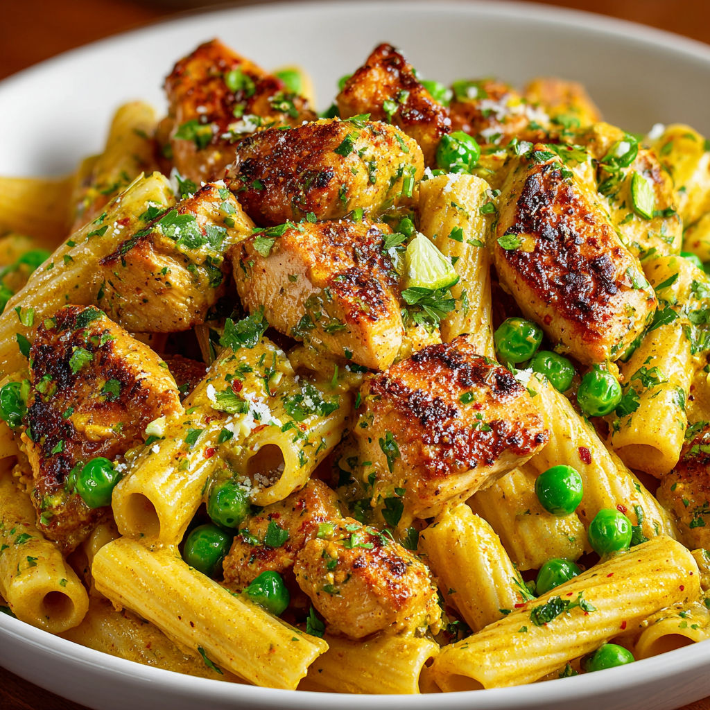 A bowl of pasta with chicken and peas.