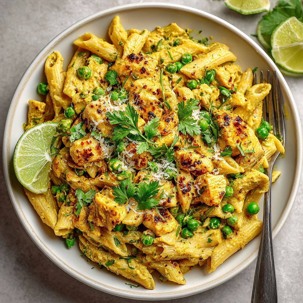 A bowl of pasta with peas and chicken.