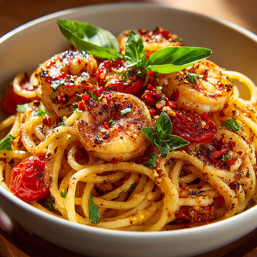 A bowl of spicy tomato shrimp pasta.