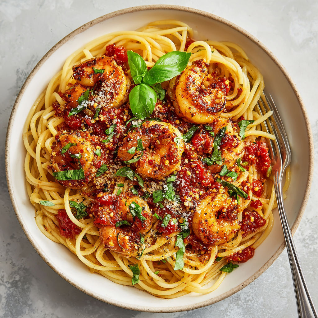 A bowl of pasta with shrimp and spinach.