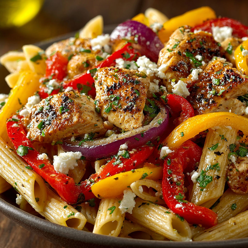 A plate of food with chicken, peppers, and pasta.