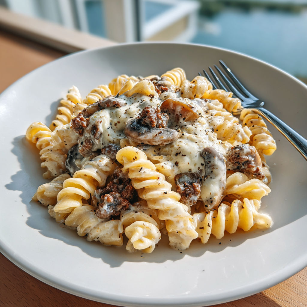 A plate of pasta with mushrooms and cheese.