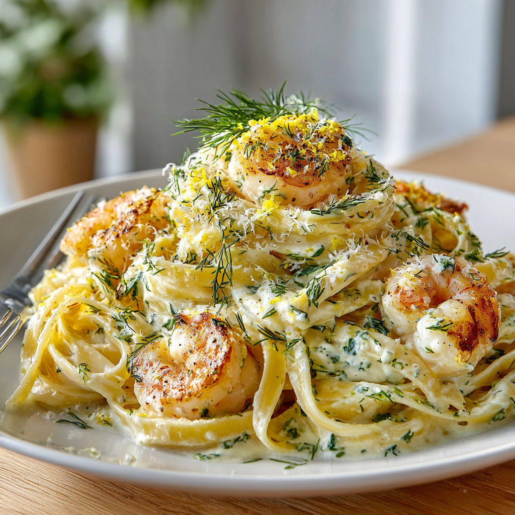 A plate of creamy lemon-dill shrimp fettuccine.