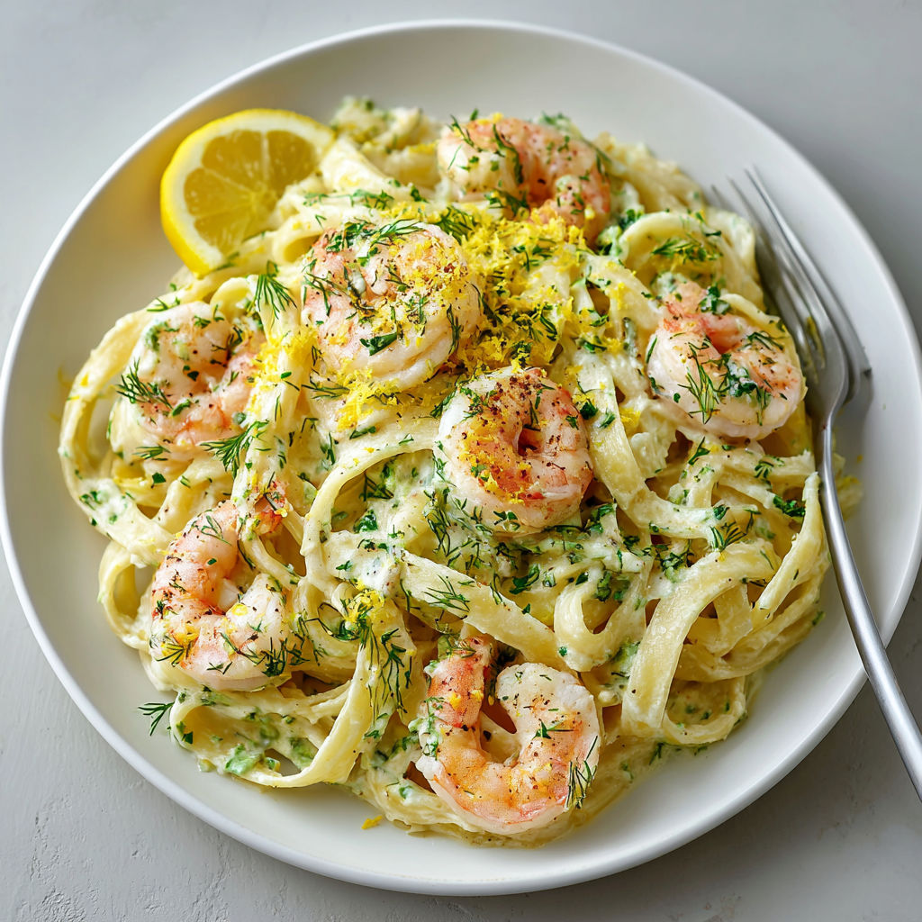 A plate of creamy lemon-dill shrimp fettuccine.