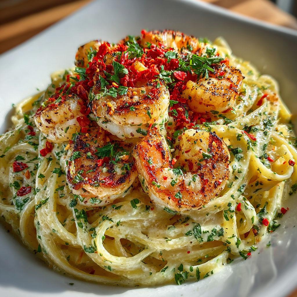 A plate of shrimp and pasta with pepper.