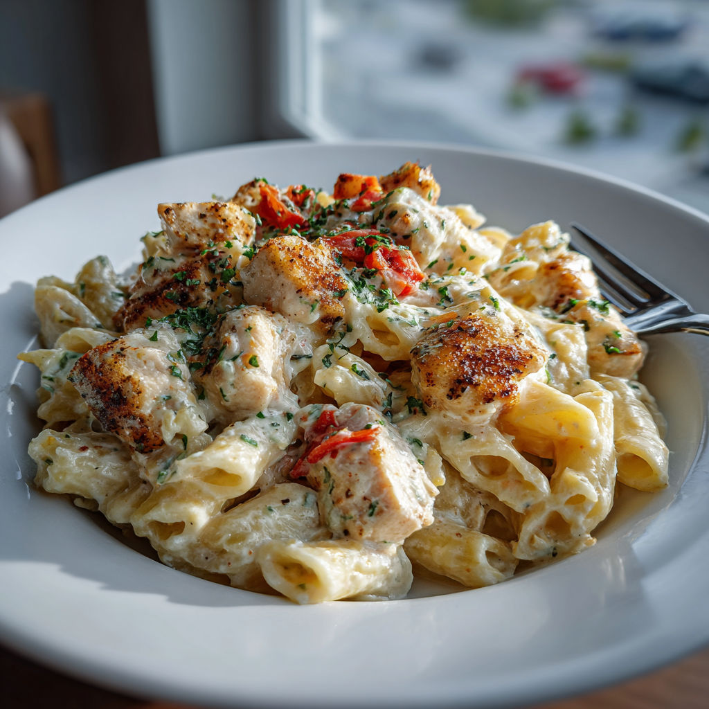 A plate of pasta with chicken and tomatoes.