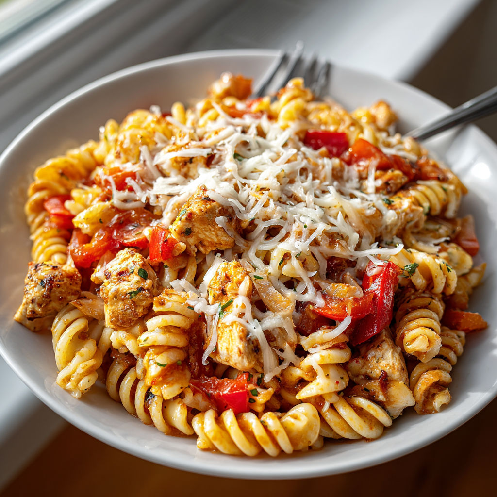 A bowl of pasta with chicken and tomatoes.