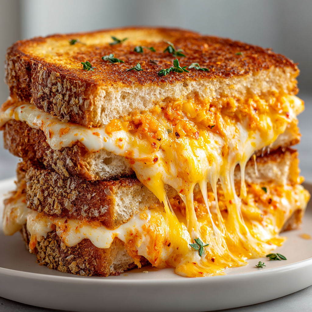 A sandwich with cheese and herbs on a plate.