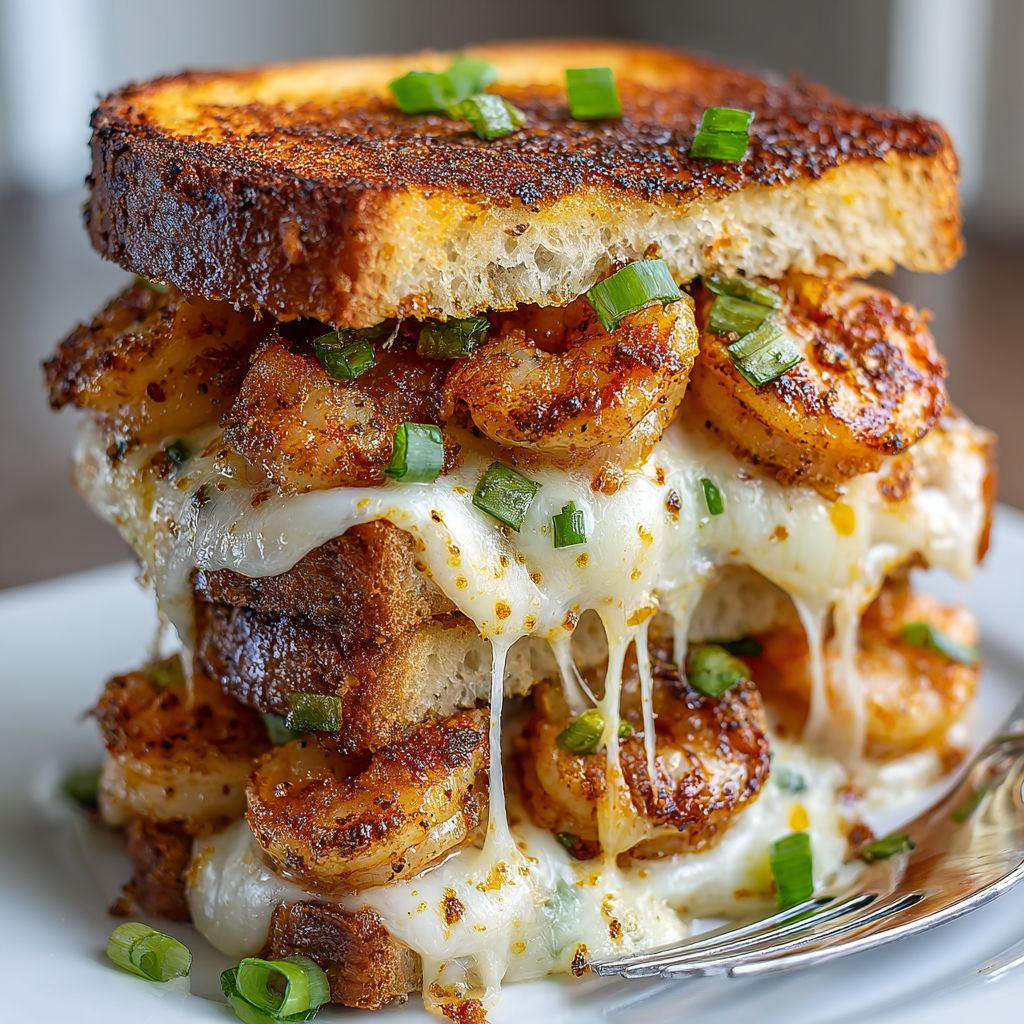 A grilled cheese sandwich with shrimp on top.