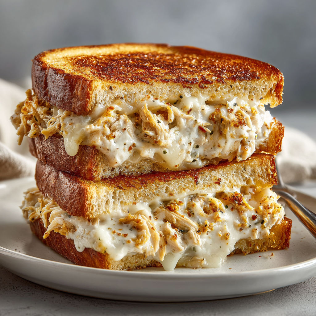 A grilled cheese sandwich with chicken and Alfredo sauce.