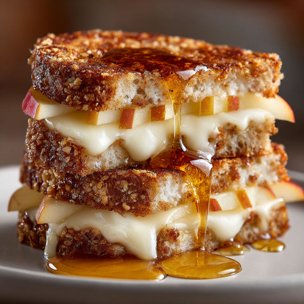 A stack of grilled cheese sandwiches with apples.