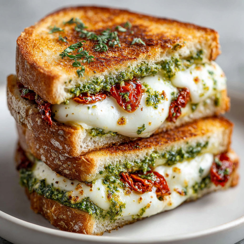 A stack of grilled cheese sandwiches with pesto and mozzarella.