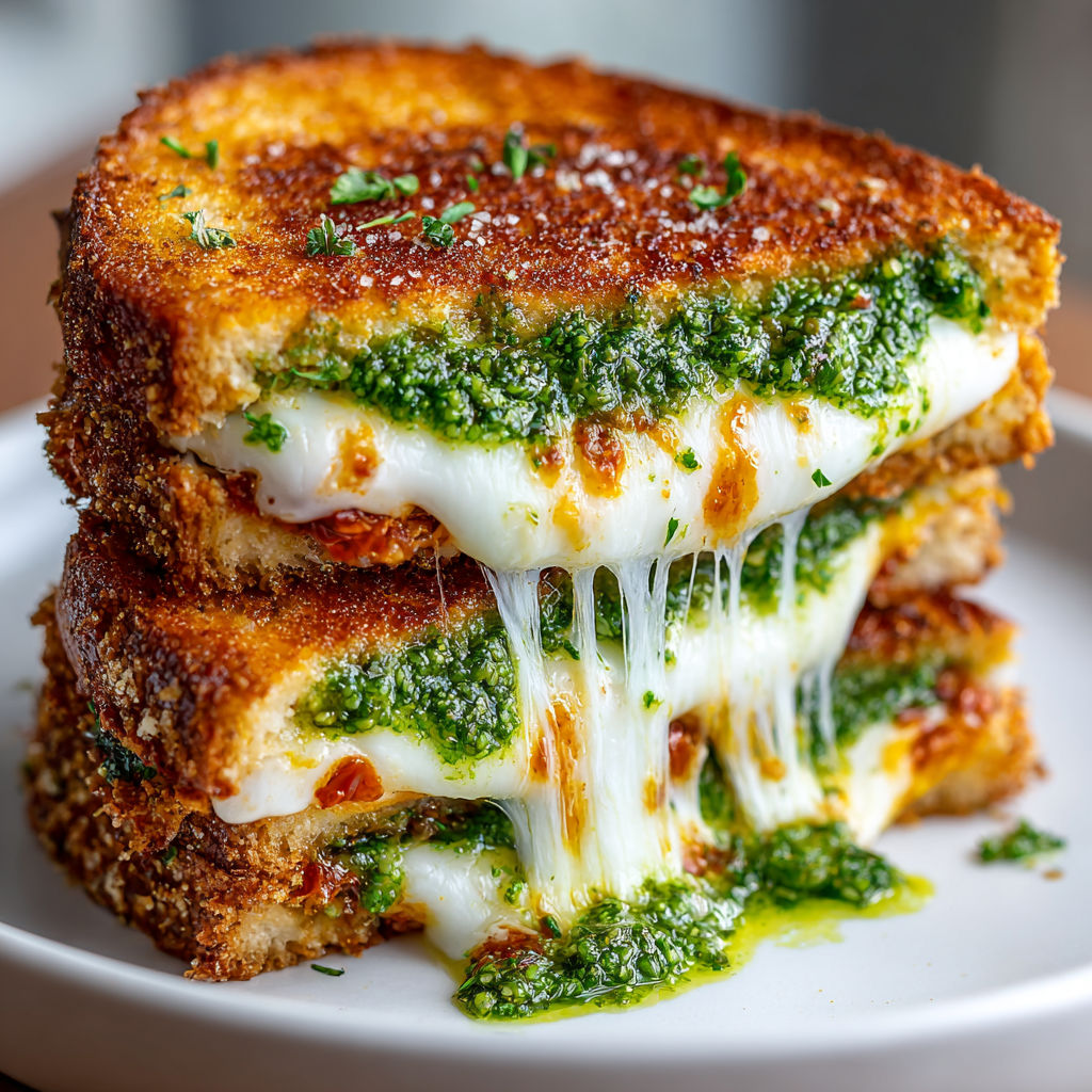 A stack of sandwiches with cheese and spinach.