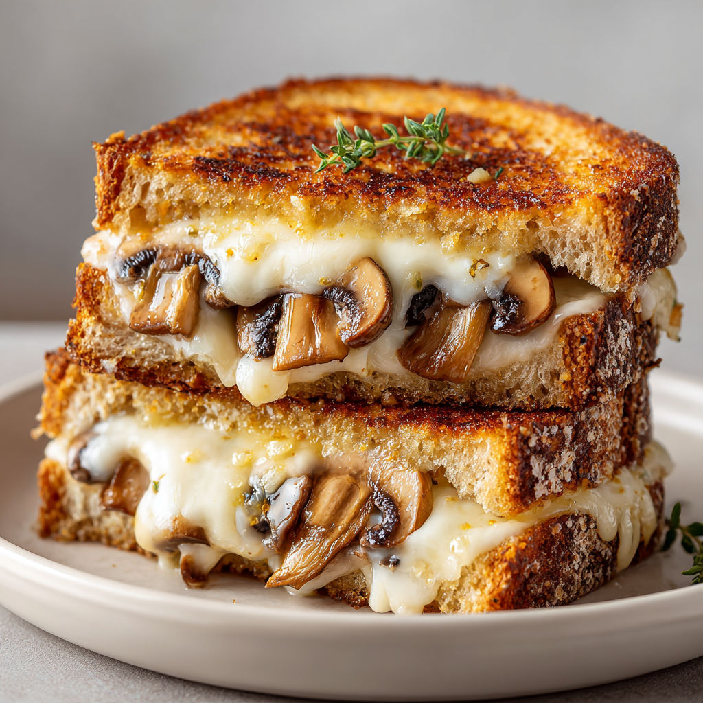 A grilled cheese sandwich with mushrooms and garlic butter.