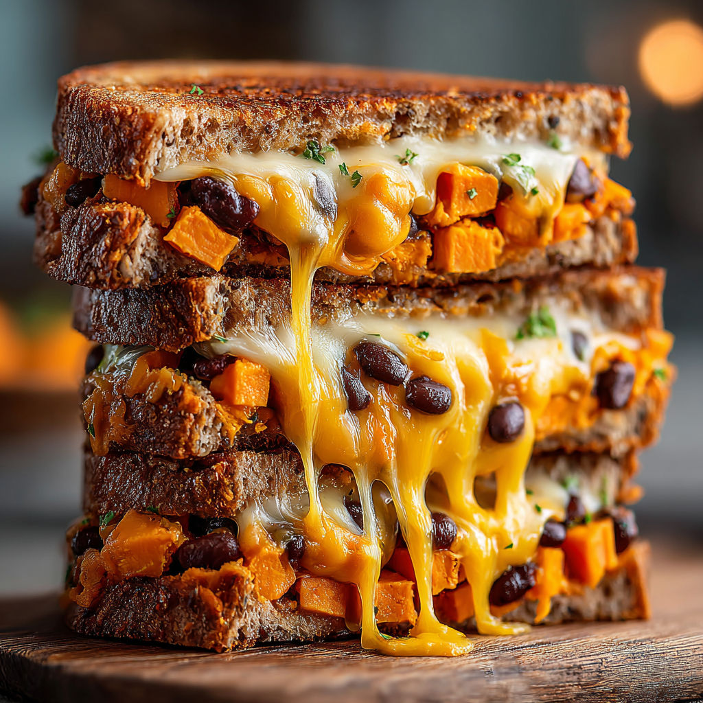 A stack of vegan sweet potato and black bean grilled cheese sandwiches.