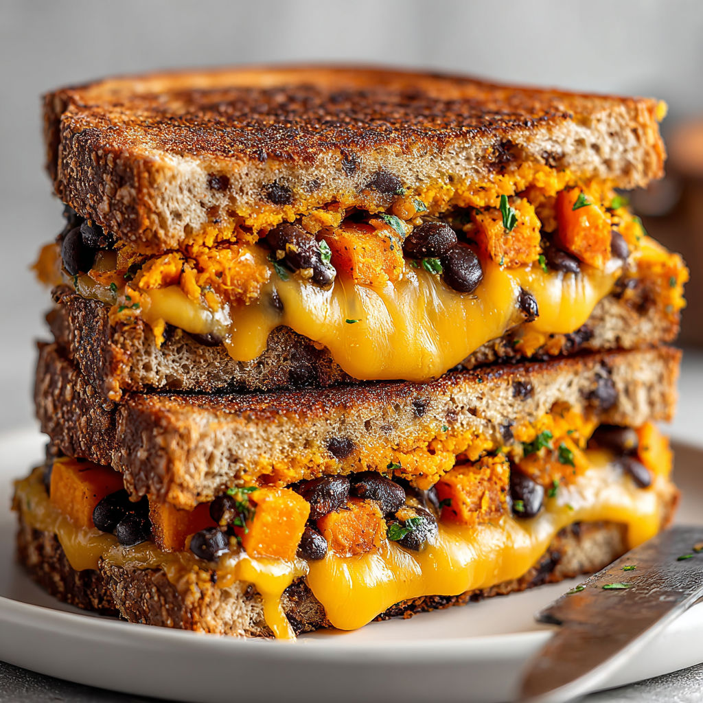 A sandwich with cheese and black beans.