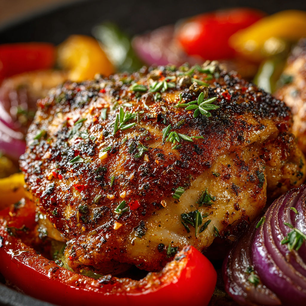 A delicious meal of chicken and vegetables on a black plate.