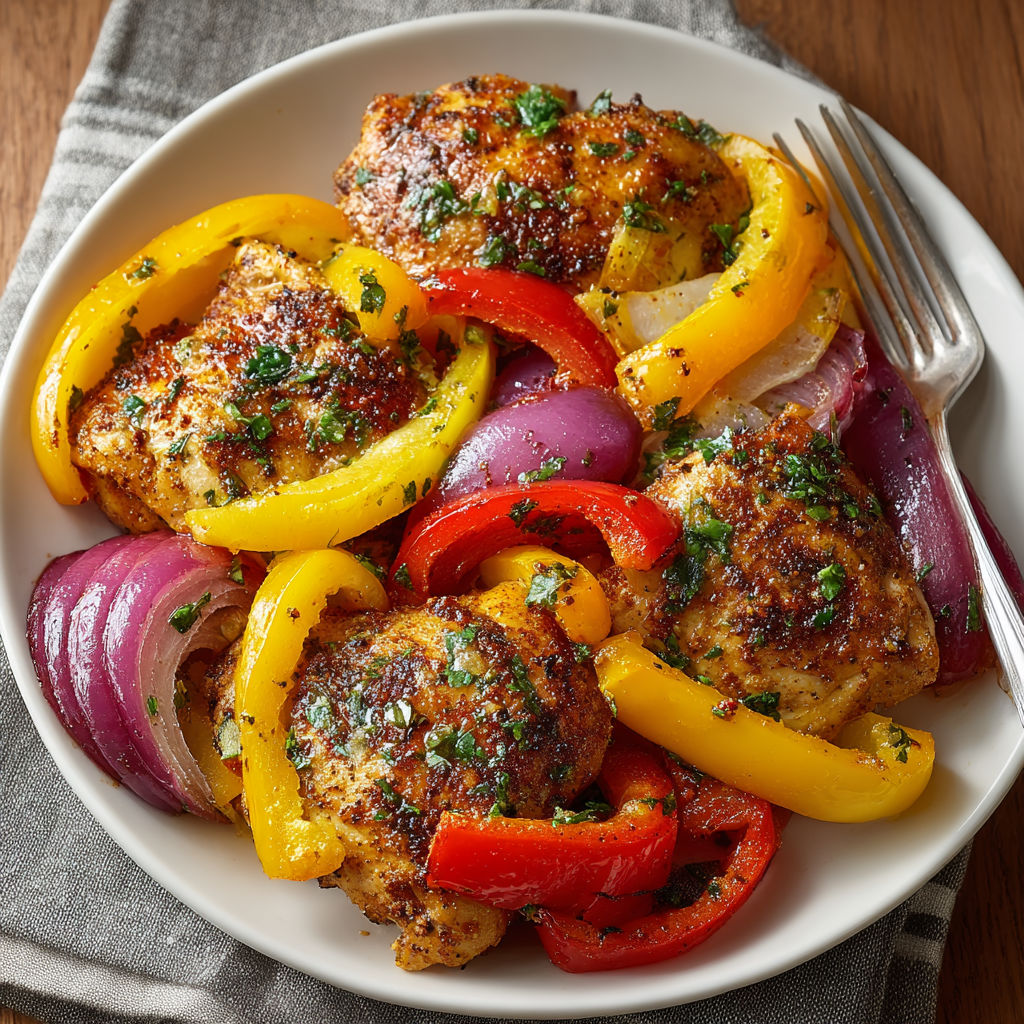 A white plate with chicken and peppers on it.