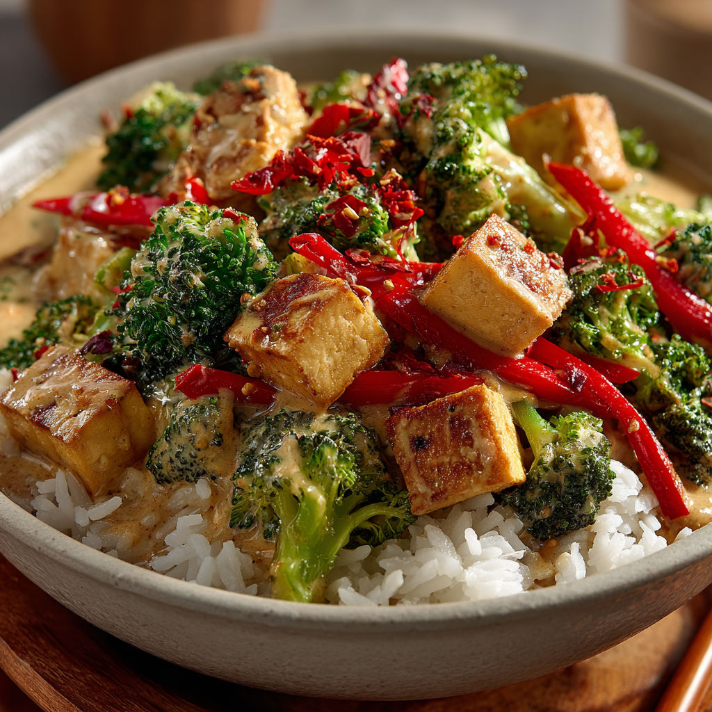 A bowl of food with broccoli and red peppers.
