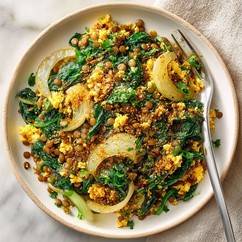 A bowl of lentil and spinach breakfast scramble.